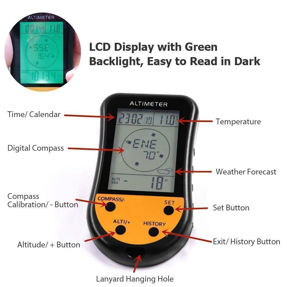 Survival Gears Depot 8-in-1 Multifunction Digital Altimeter with Barometer, Compass, Thermometer, Weather Forecast, Clock, and Calendar