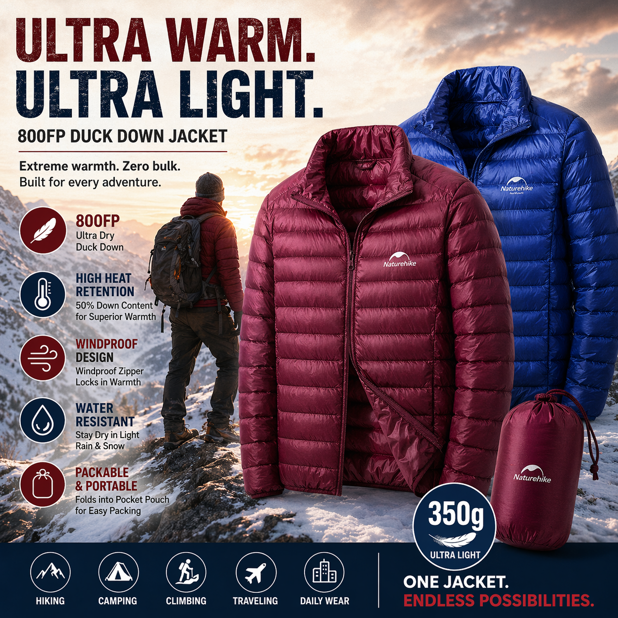 Ultra Dry 800FP Duck's Down Jacket for Outdoor Camping and Hiking - Lightweight Outdoor Coat