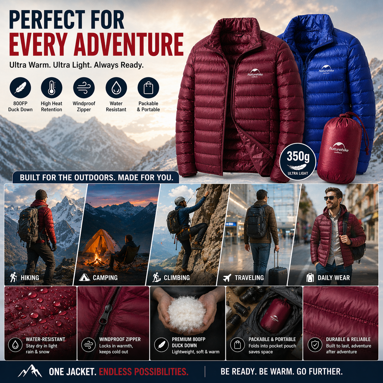 Ultra Dry 800FP Duck's Down Jacket for Outdoor Camping and Hiking - Lightweight Outdoor Coat
