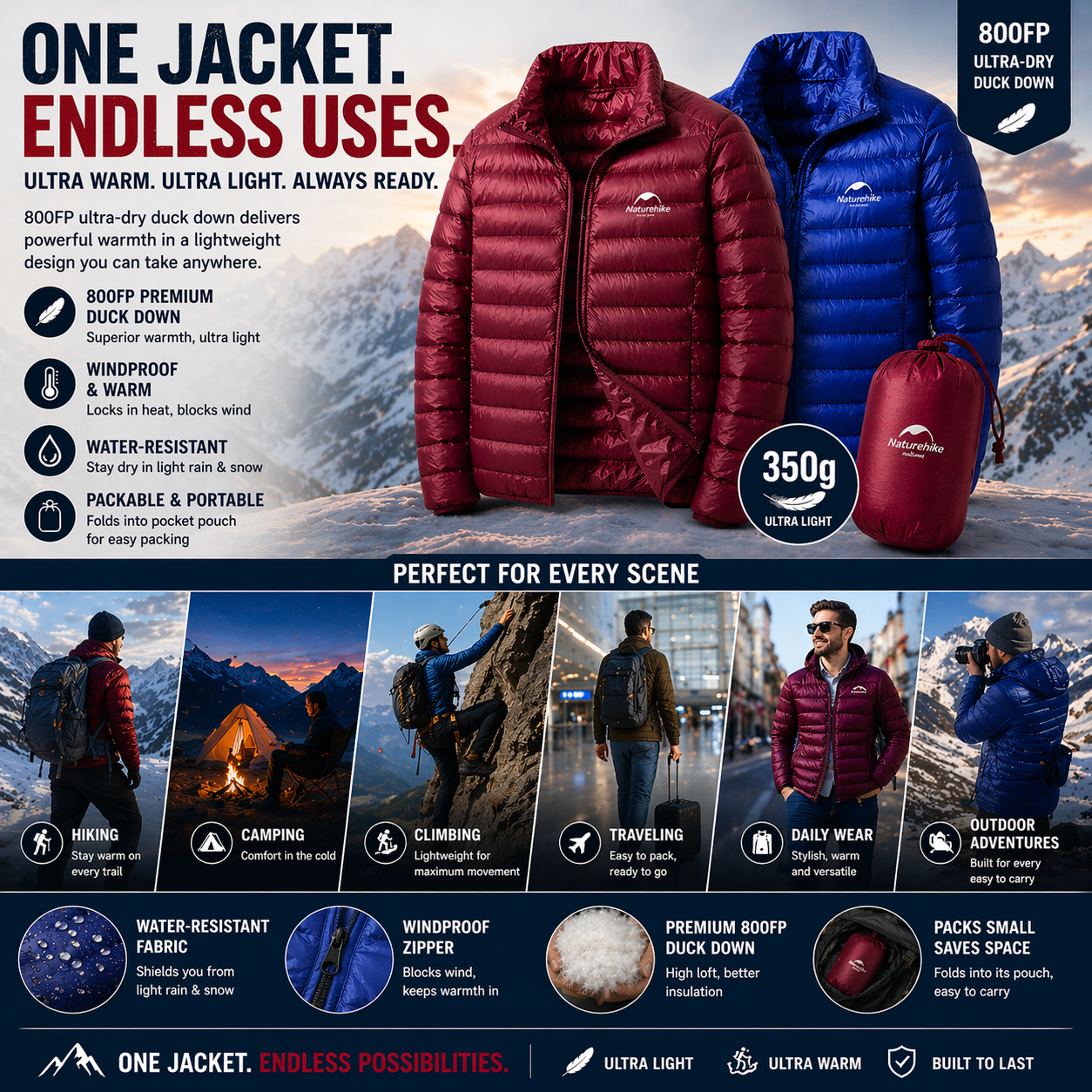 Ultra Dry 800FP Duck's Down Jacket for Outdoor Camping and Hiking - Lightweight Outdoor Coat