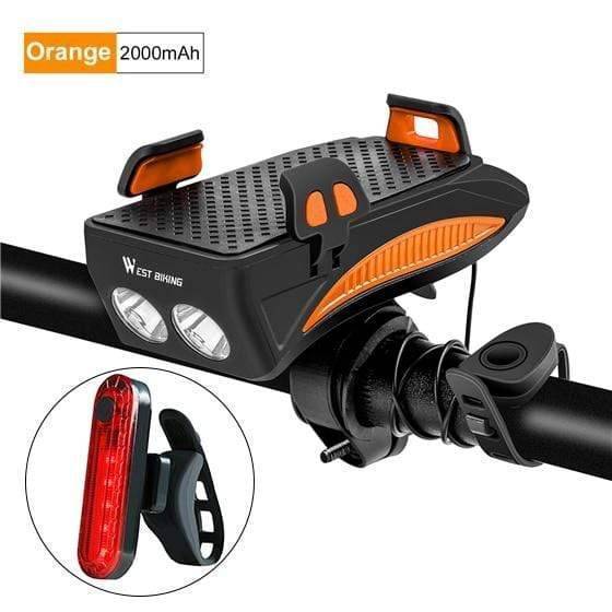 Survival Gears Depot Bicycle Light 2000mAh Orange Set Multi-function Bike Light With Phone Holder