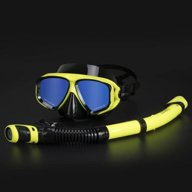 Survival Gears Depot Diving Masks Mirror Yellow Frame Anti Fog Goggles with Snorkel