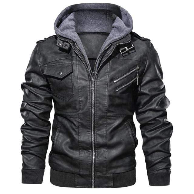 Survival Gears Depot Faux Leather Coats Black With Hood / S Casual Biker Leather Jacket