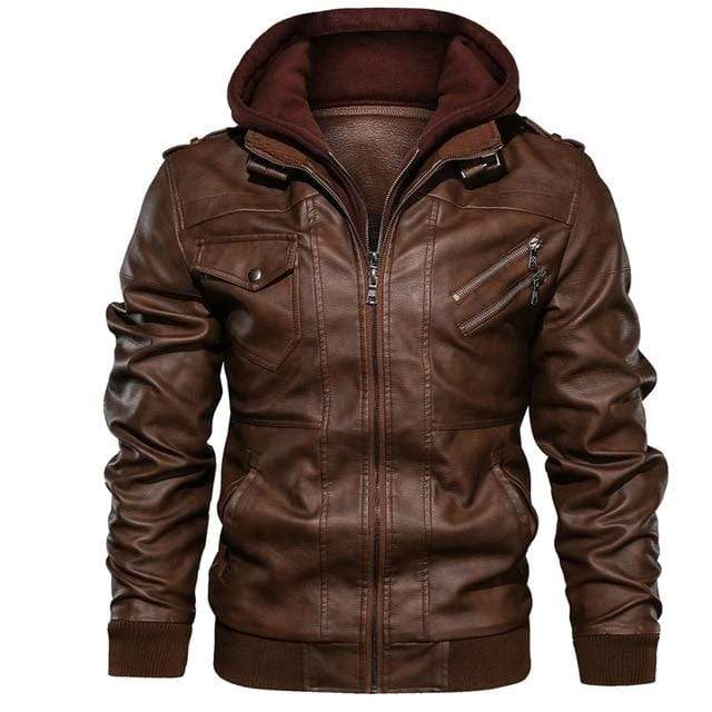 Survival Gears Depot Faux Leather Coats Brown With Hood / S Casual Biker Leather Jacket