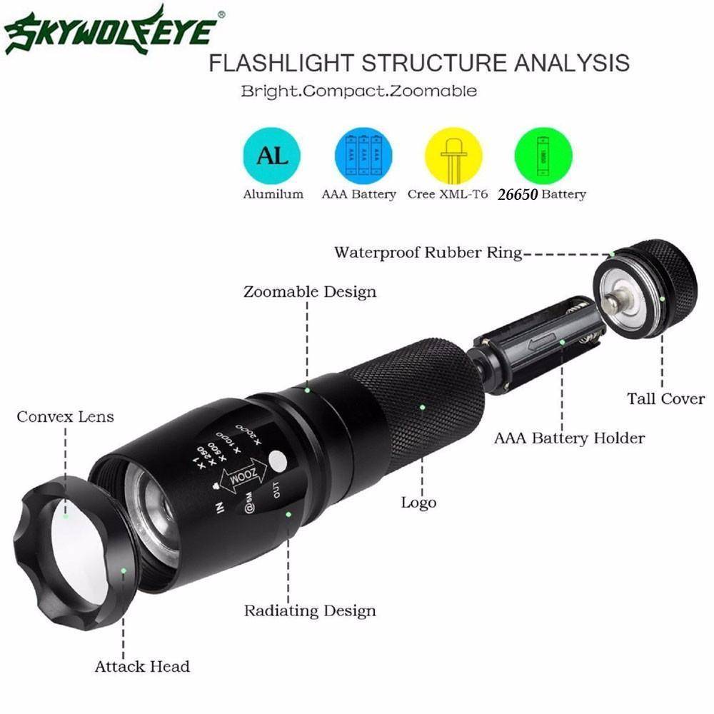 Survival Gears Depot G700 X800 5000 Lumen 5 Modes Zoomable T6 LED 18650 Flashlight