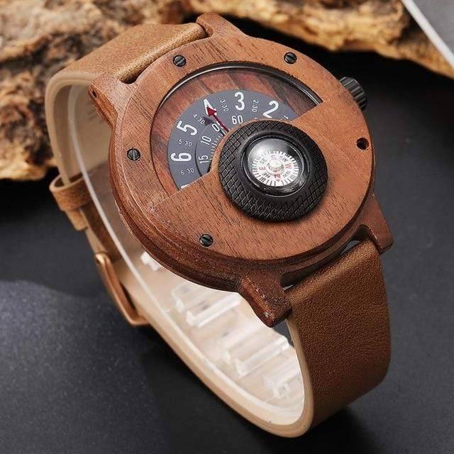 Survival Gears Depot Quartz Watches Brown Wood Turntable Compass Dial Wooden Watch