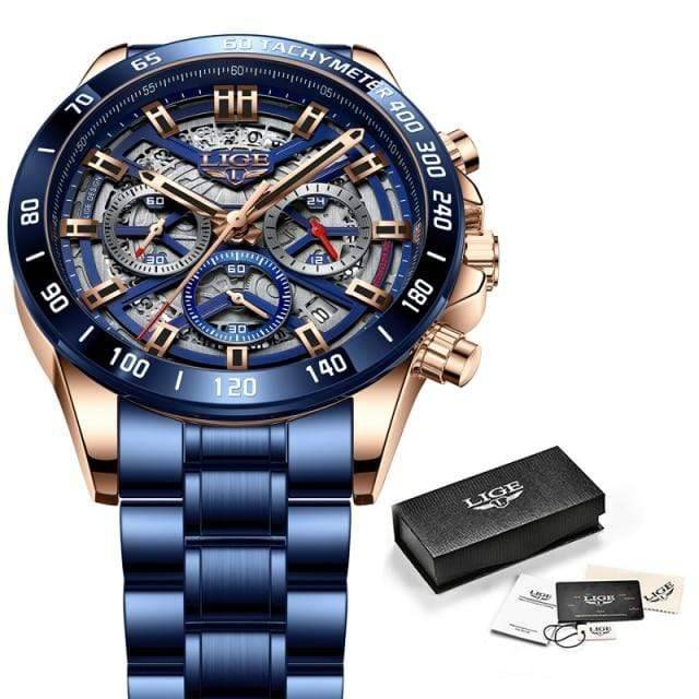Survival Gears Depot Quartz Watches Rose Gold Blue Luxury Sports Chronograph Quartz Watch