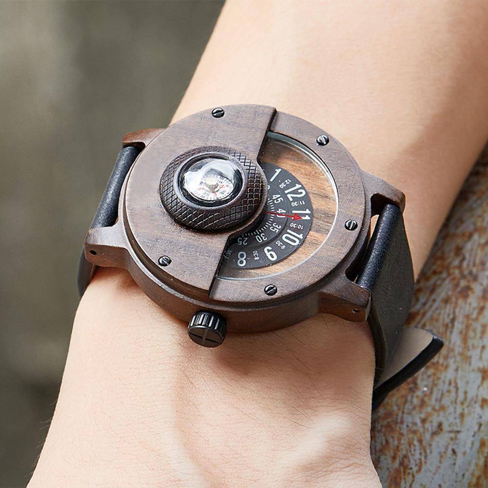 Survival Gears Depot Quartz Watches Turntable Compass Dial Wooden Watch