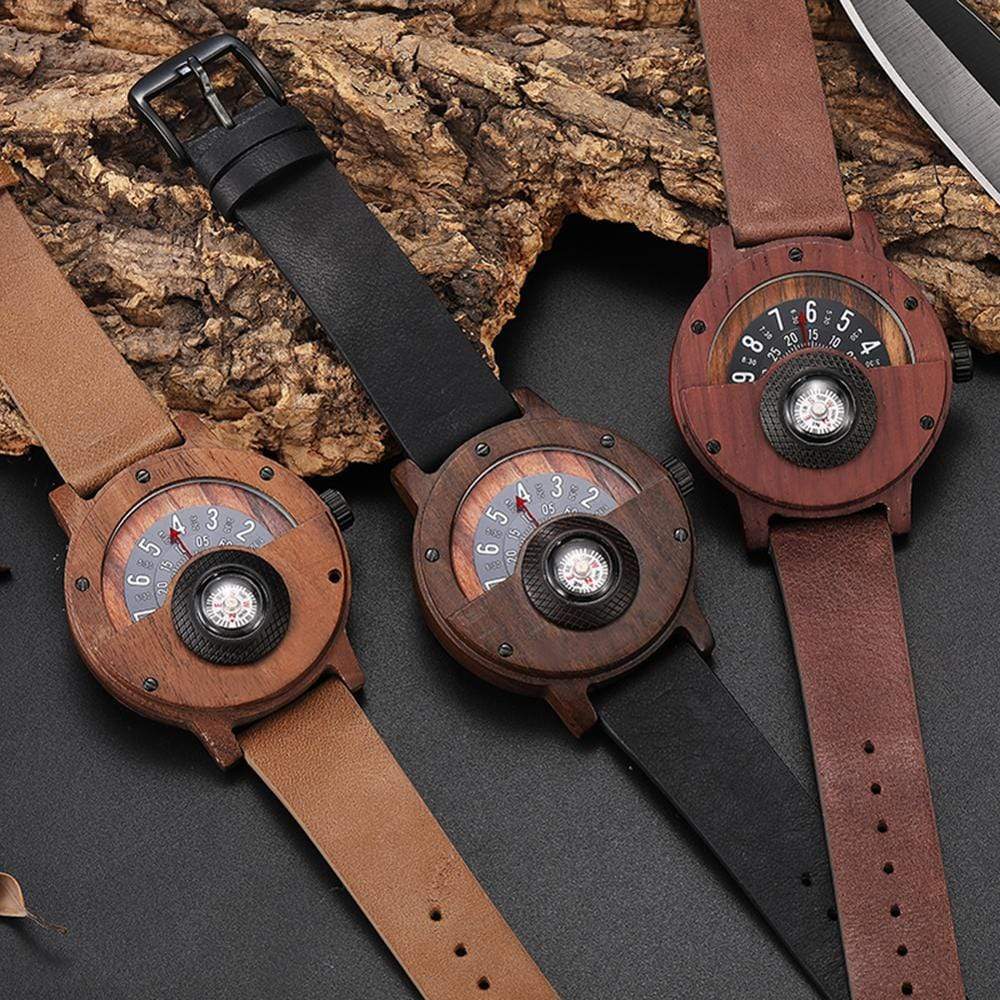 Survival Gears Depot Quartz Watches Turntable Compass Dial Wooden Watch
